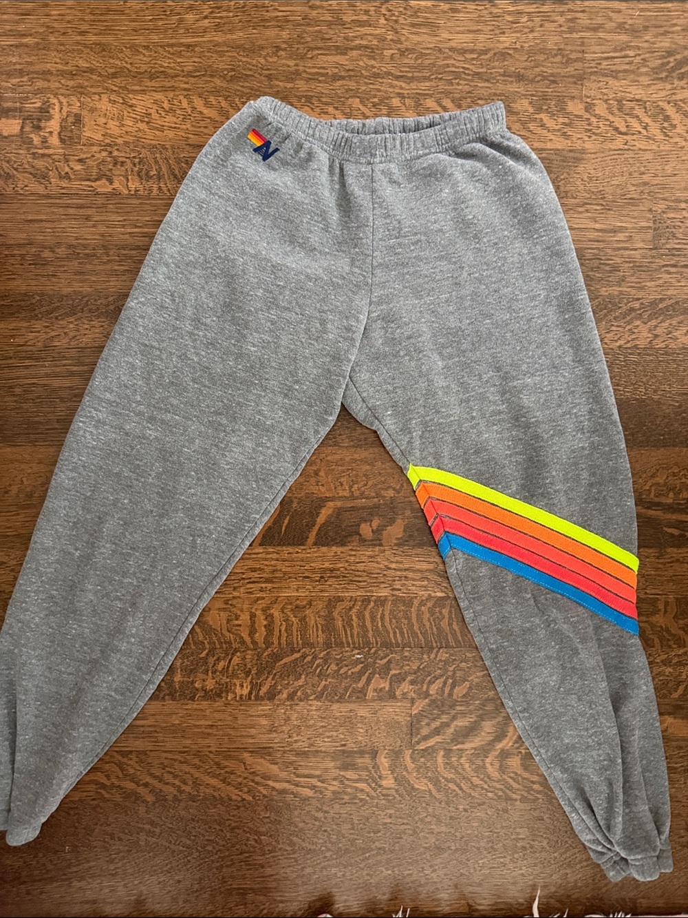 Aviator Nation Gray Joggers with Neon Rainbow Stripes (size small)